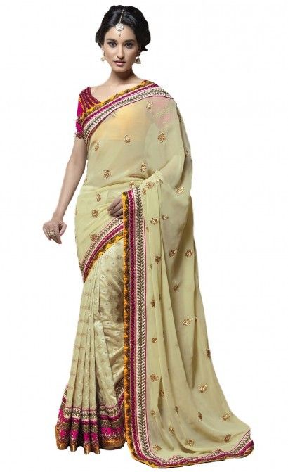 Beige Georgette And Jacquard Saree