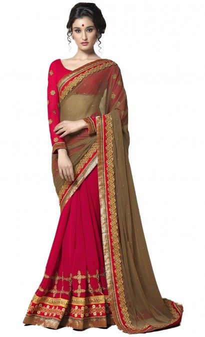 Olive And Red Georgette And Jacquard Saree