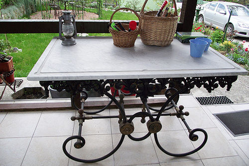 Wrought Iron Butcher Table White Marble Top (T2, J3)