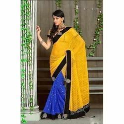 Half Yellow and Half Blue Designer Sarees