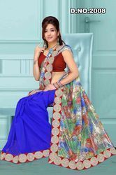 Half Blue And Half Printed Sarees