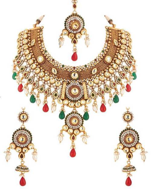 Polki Bridal Set Adorned With CZ, Pearls And Colored Stones