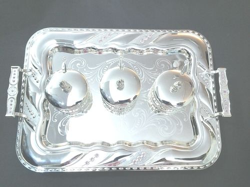 Round Brilliant Cut Silver Plated Tray With Three Bowls