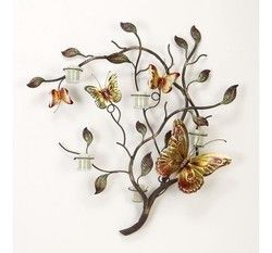 Metal Wall Candle Holder - Hand Painted with Colorful Butterflies & Green Vines, 5 Votive Holders for Twinkling Tea Lights