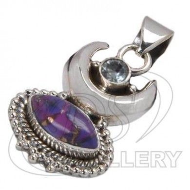 925 Sterling Silver Pendant With Purple Copper Turquoise And Blue Topaz