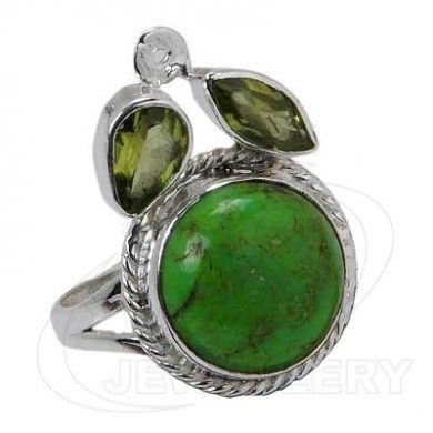 925 Sterling Silver Ring With Green Copper Turquoise And Peridot