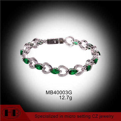 Green C.Z. Oval Link Sterling Silver Bracelet