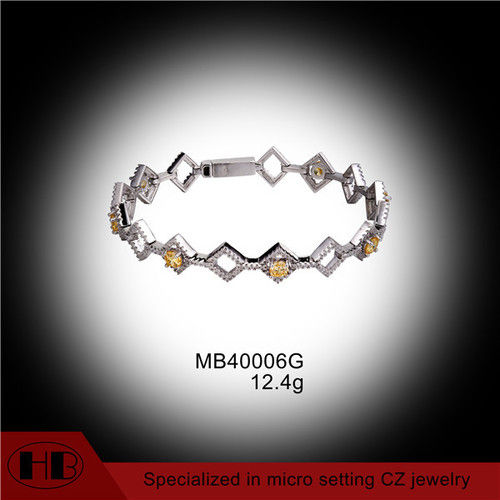 Yellow Gold C.Z. Rhombus Link 925 Sterling Silver Bracelet