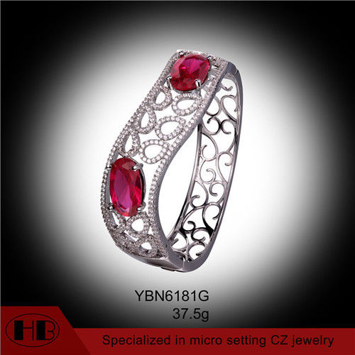 Micro Pave Ruby Stone Clear Rhodium Plating Fashion Bangle