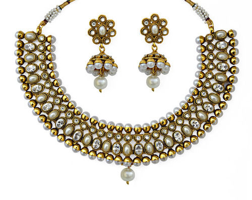 Traditional Style CZ Pearl Kundan Necklace Set