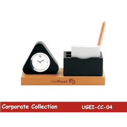 Desktop Wooden Pen Holder with Clock