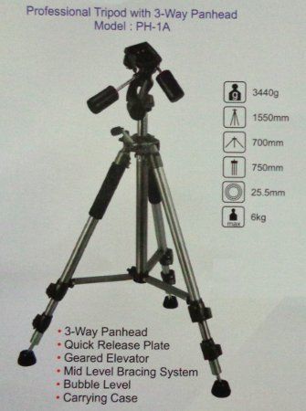 Professional Tripod with 3-Way Panhead (Model: PH-1A)