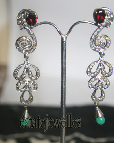 2.95 Ct Natural Diamond 5.15 Ct Gemstone Silver Victorian Earring