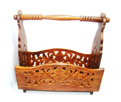 Sheesham Wood Base Hand Carved Magazine Basket