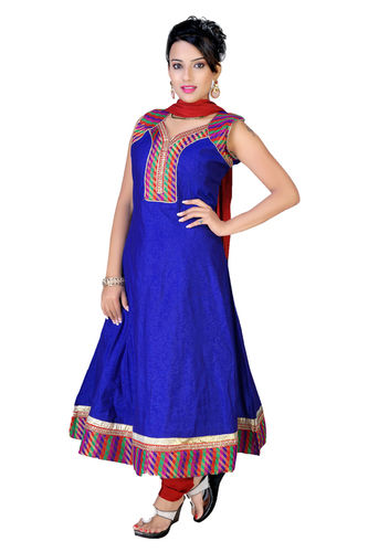 Divine Blue Chanderi Cotton Jacquard Readymade Anarkali Suit (F136)