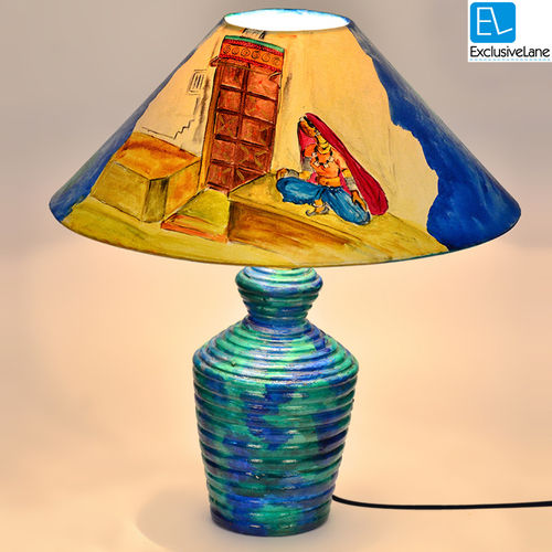 15 Inch Handpainted Ethnic Lady Terracotta Lamp (Turqouise Blue)
