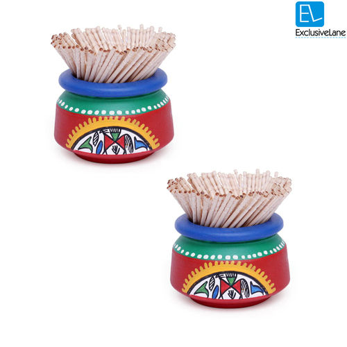 Terracotta Handpainted Warli Toothpick Holder Set (Red)