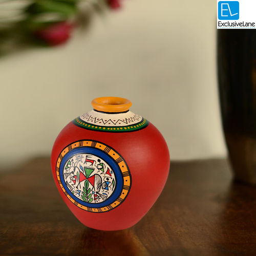 Terracotta Handpainted Warli Vase Matki Red 6 Inch
