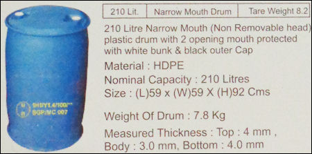  210 लीटर नैरो माउथ प्लास्टिक ड्रम 
