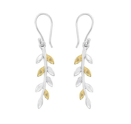 Sterling Silver Leaf Earrings With Diamonds