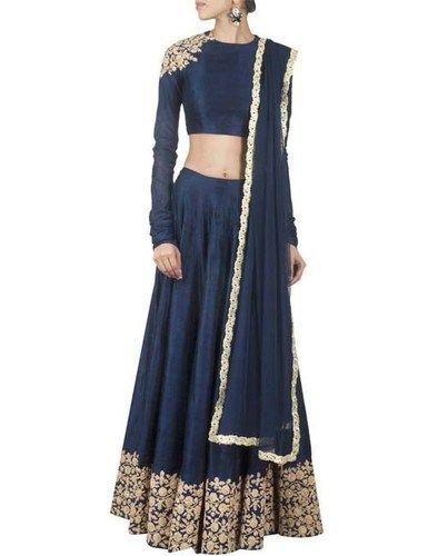 Navy Blue Raw Silk Embroidered Lehenga