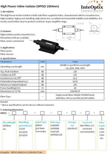 Inline Isolator (PM And Nona  PM Series 1064nm)