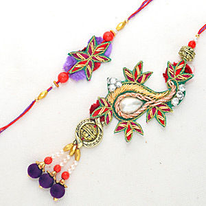 Red and Violet Zardosi Rakhi and Lumba Pair