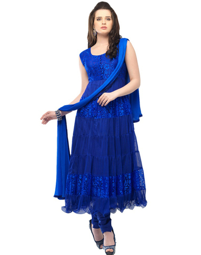 Brasso Blue Embroidered Net Worked Dress Fabric