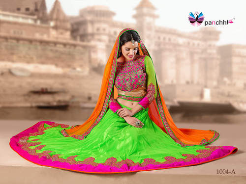 Glorious Liril Green With Dark Pink And Orange Color Embroidery Lehenga Choli