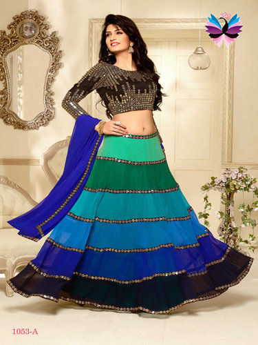 Awesome Multicolour Lehenga With Blue And Black Color Embroidery Choli