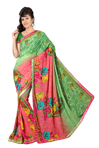 कशीदाकारी बॉर्डर के साथ हरी साटन और जॉर्जेट प्लेन साड़ी