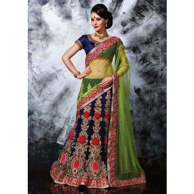 Lime Green And Royal Blue Net Embroidered Sarees