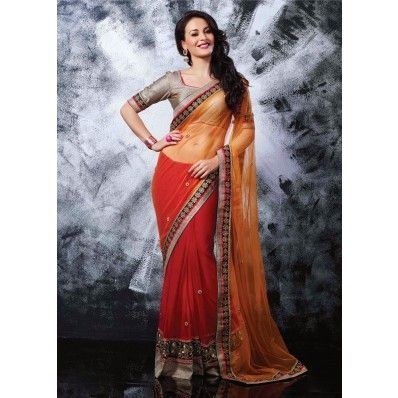 Orange And Red Net Embroidered Sarees