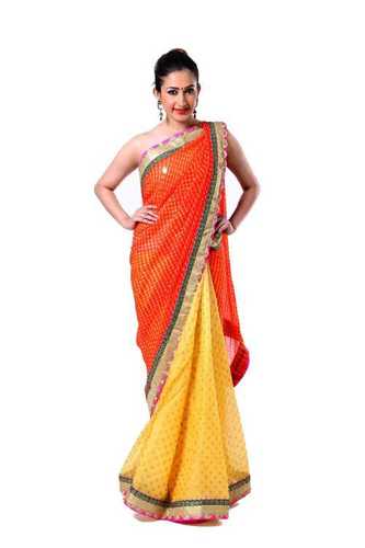 Ranas Orange And Yellow Pure Georgete Kundan Zardozi Saree