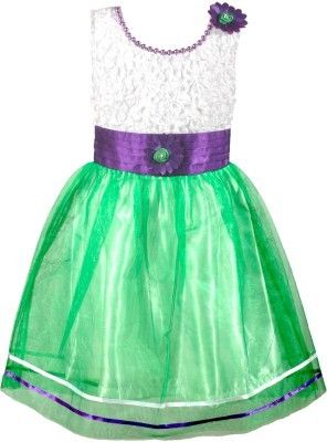 White & Green With Voilet Belt Baby Dress