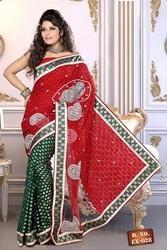 Fabulous Red And Bottle Green Saree