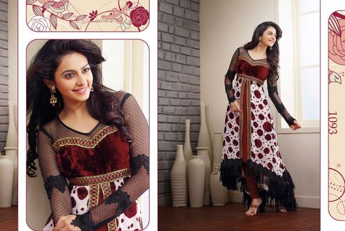 मैरून और सफ़ेद ज़री प्रिंटेड एम्ब्रॉयडरी जॉर्जेट डिज़ाइनर अनारकली सूट