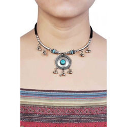 Metal Necklace With Blue Bead