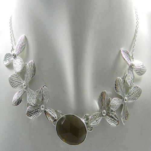 Elegant Solid 925 Silver Flower Design Smoky Hydro Gem Fashion Necklace