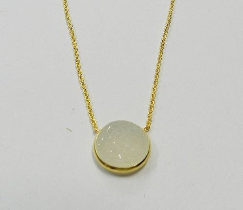 Solid 925 Silver Gold Plated White Druzy Long Chain Necklace