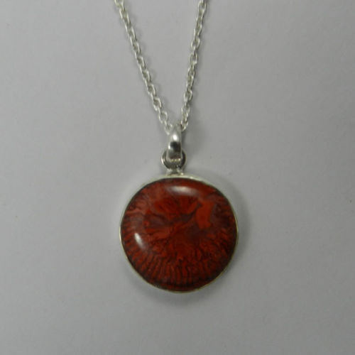 Amazing Fossil Red Coral Round Cab Gemstone Solid 925 Silver Pendant with Chain