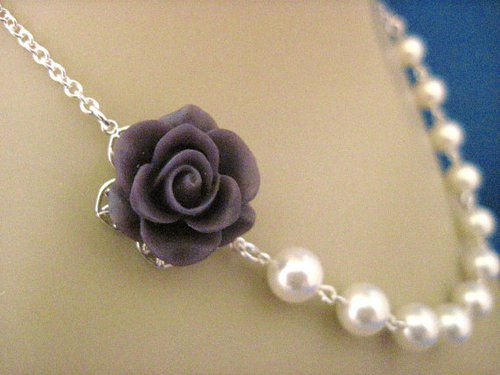 Deep Plum Rose And Pearl Wedding Necklace