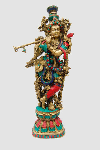 Brass Stone Krishna Statue