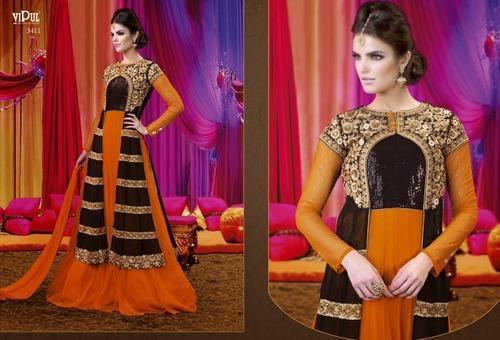 Black And Orange Georgette Designer Anarkali Salwar Suit