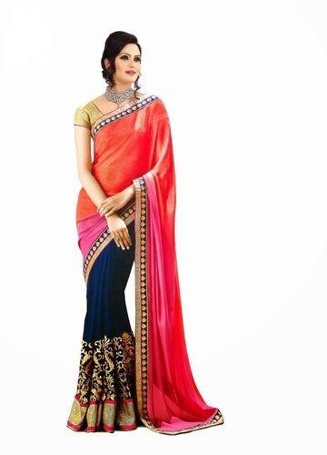 Red And Blue Chiffon Designer Saree