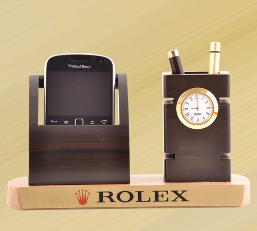 Mobile And Pen Holder - Wood, 10x5x7 Inches, Brown | Analog Clock, Mobile Holder, Pen Stand, Space Saving, Elegant Design