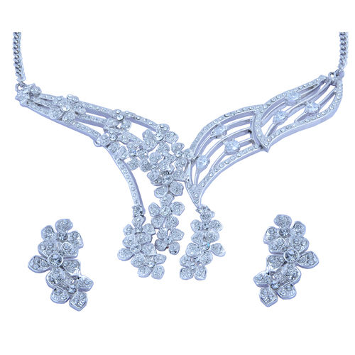 Rhodium Plated Necklace Set With Earring Studded With Godsend Stone WGN-605 R