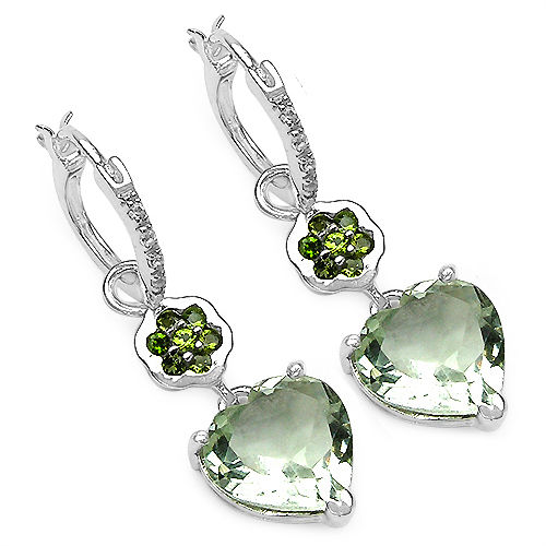 Green Amethyst, Chrome Diopside & White Topaz .925 Sterling Silver Heart Shape Earrings