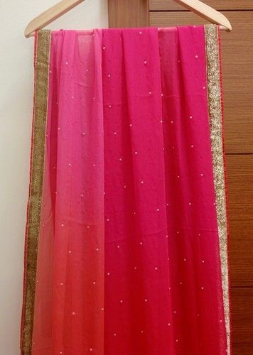 Pink and Orange Shaded Chiffon Saree with Pearl and Velvet Gota Work