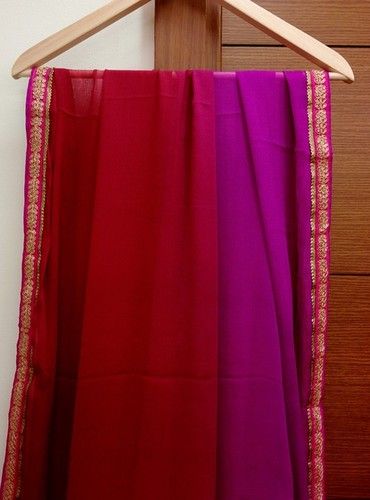 Red and Purple Shaded Chiffon Saree With Sequin Work On Border